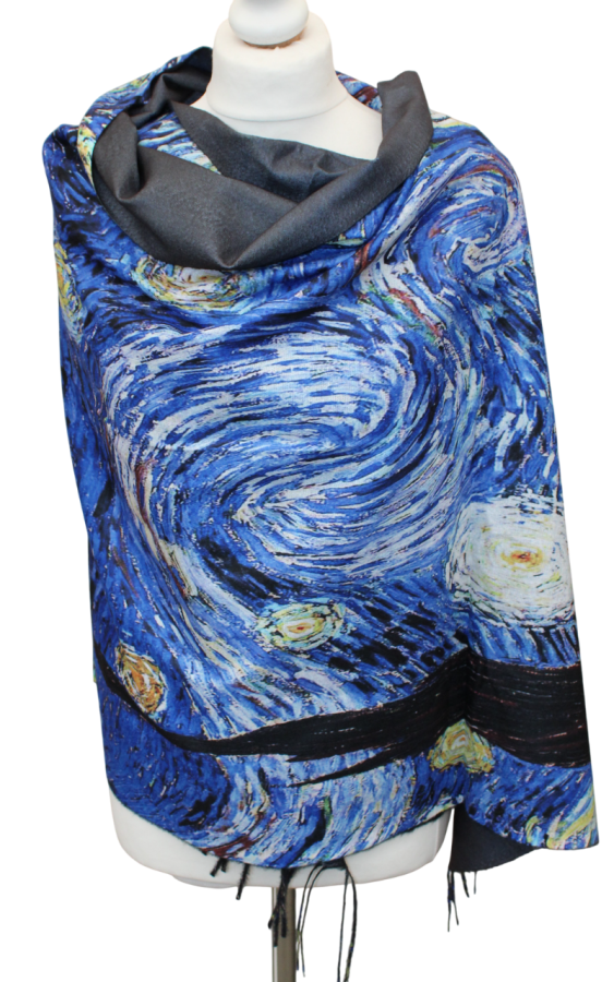 Margas mėlynas, su piešiniu, dvipusis šiltas šalikas s873