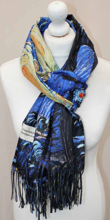 Margas mėlynas, su piešiniu, dvipusis šiltas šalikas s873