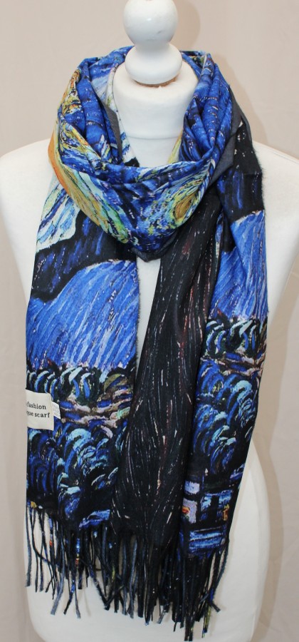 Margas mėlynas, su piešiniu, dvipusis šiltas šalikas s873