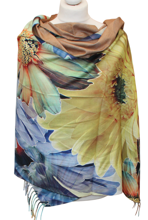 Šviesus, su saulėgrąžomis, dvipusis šiltas šalikas s878