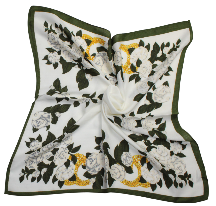 Medvilninė skarelė, Balta su žaliomis gėlėmis s923