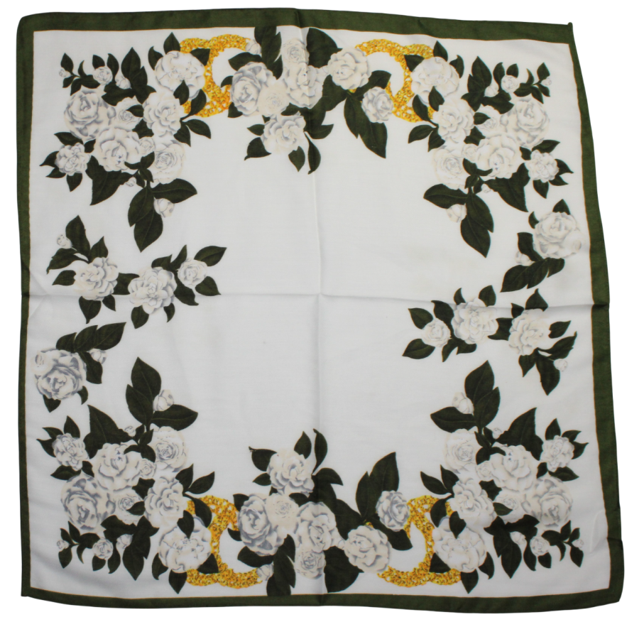 Medvilninė skarelė, Balta su žaliomis gėlėmis s923