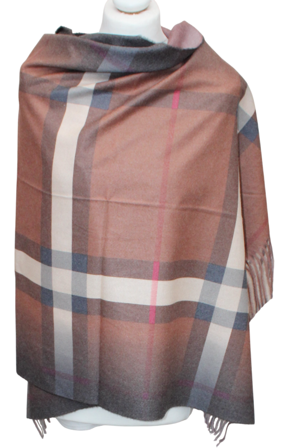 Pereinančios spalvos languotas rudas dvipusis šalikas s853