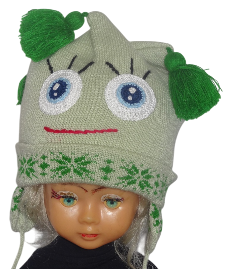 Megzta kepurė su raištukais vaikui Žalias linksmuolis 5-8 m.