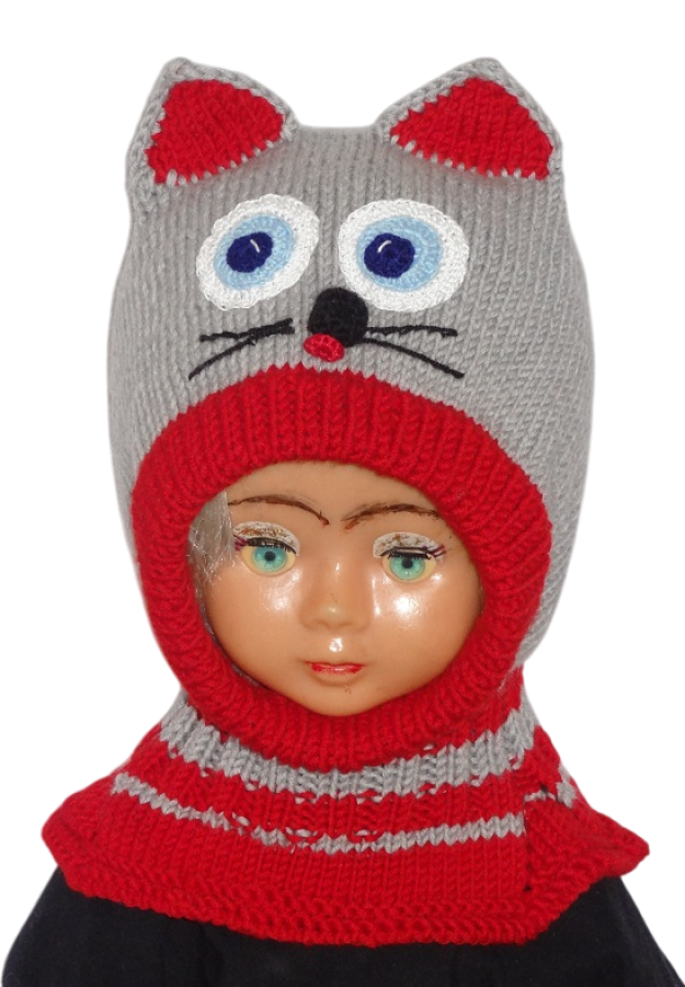 Megztas merino vilnos šalmukas vaikui Pilkas raudonas katinas 2-4 m.