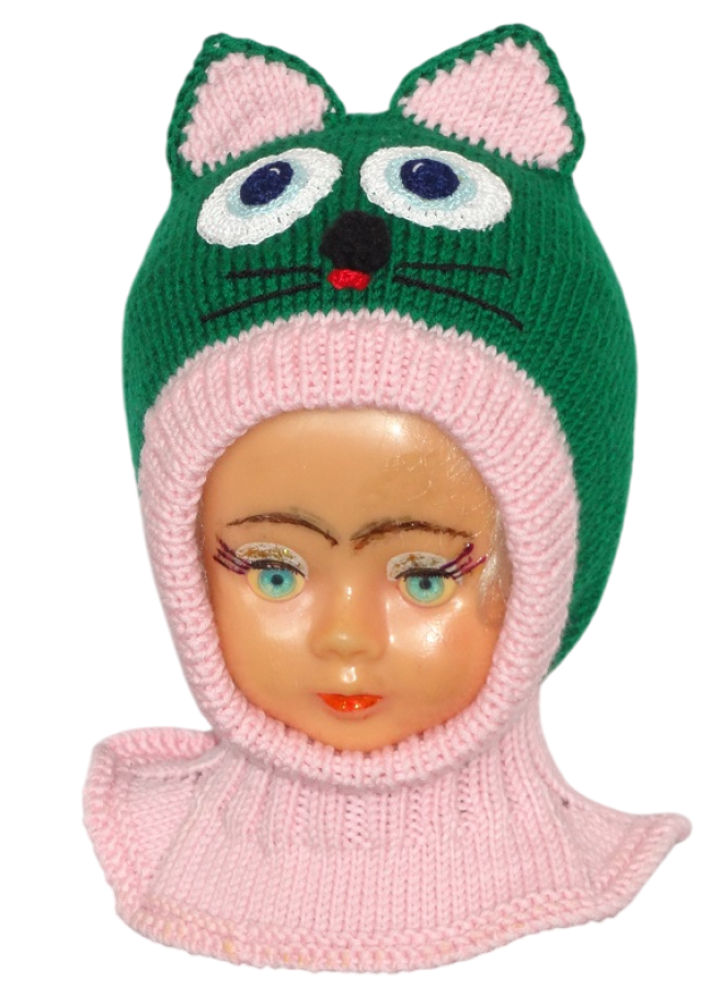 Megztas merino vilnos šalmukas vaikui Žalias rožinis katinas 2-4 m.