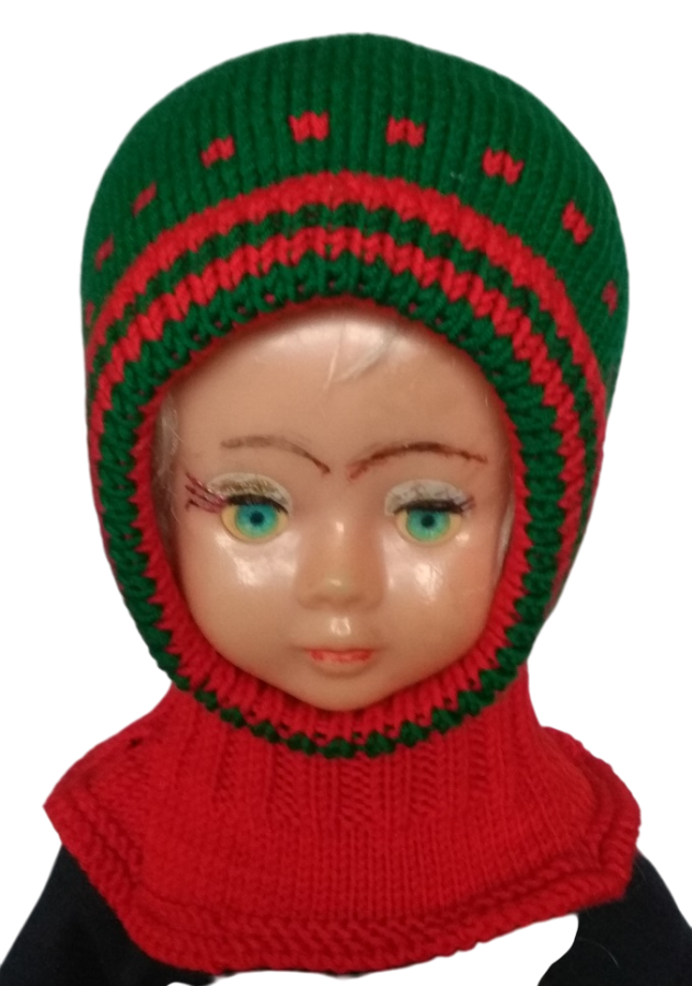 Megztas merino vilnos šalmukas vaikui žalias raudonas 2-3 m.