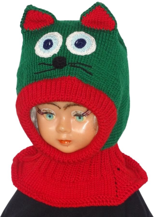 Megztas merino vilnos šalmukas vaikui Žalias raudonas katinas 5-7 m.