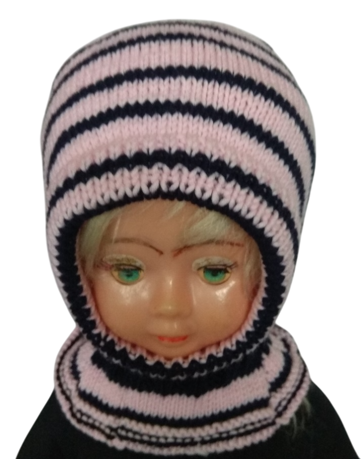 Megztas merino vilnos šalmukas vaikui rožinis mėlynas 2-3 m.