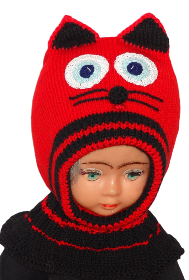 Megztas merino vilnos šalmukas vaikui Raudonas katinas 3-5 m.