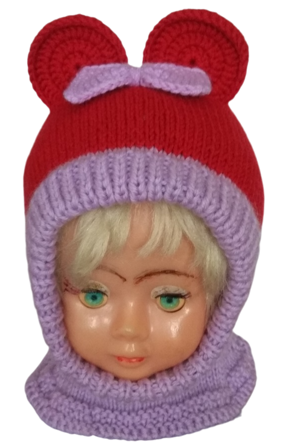 Megztas šalmukas vaikui Raudonai violetinė pelytė 1-1,5 m.