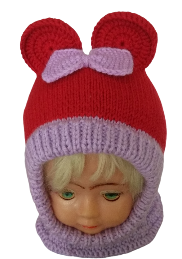 Megztas šalmukas vaikui Raudonai violetinė pelytė 1-1,5 m.