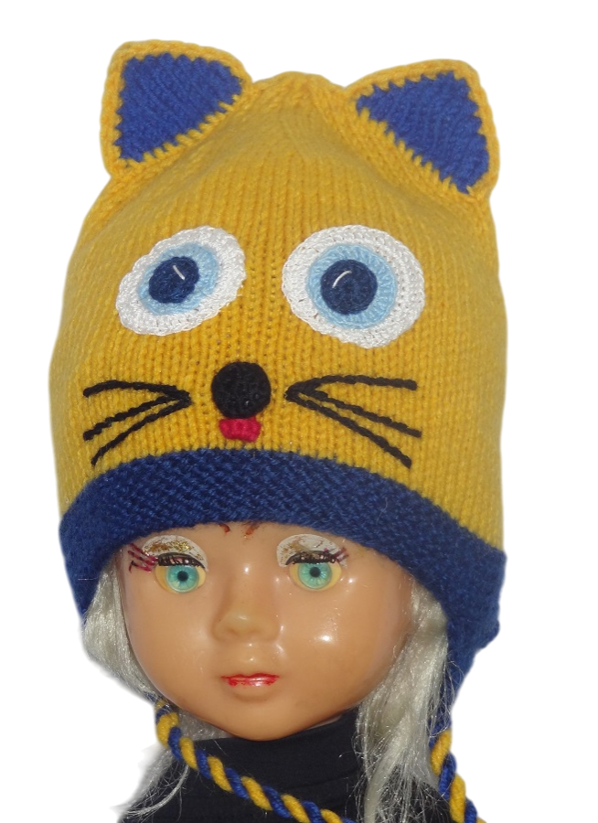 Megzta kepurė su raištukais vaikui Geltonas katinas 2-3 m.