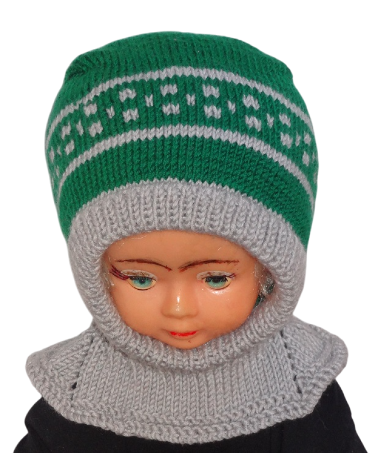 Megztas merino vilnos šalmukas vaikui žalias pilkas 2-3 m.