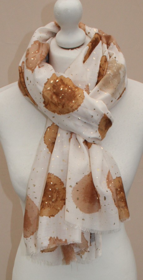 Plonas didelis baltas su rudais taškais šalikas s839