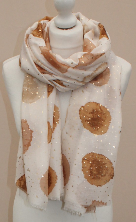 Plonas didelis baltas su rudais taškais šalikas s839