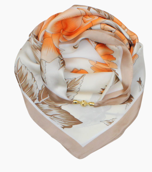 Silk effect scarf with orange roses and magnetic closure (68x68 cm) s959