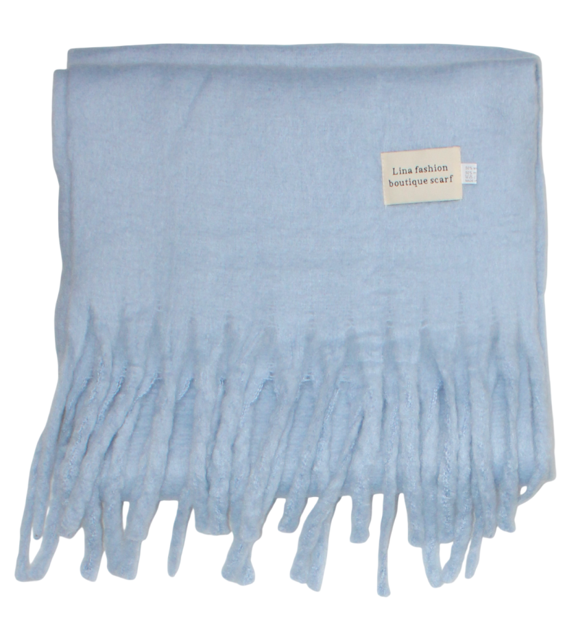 Storas pūkuotas mėlynas šalikas