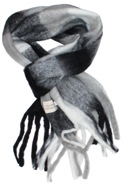 Storas pūkuotas languotas šalikas, juodas baltas