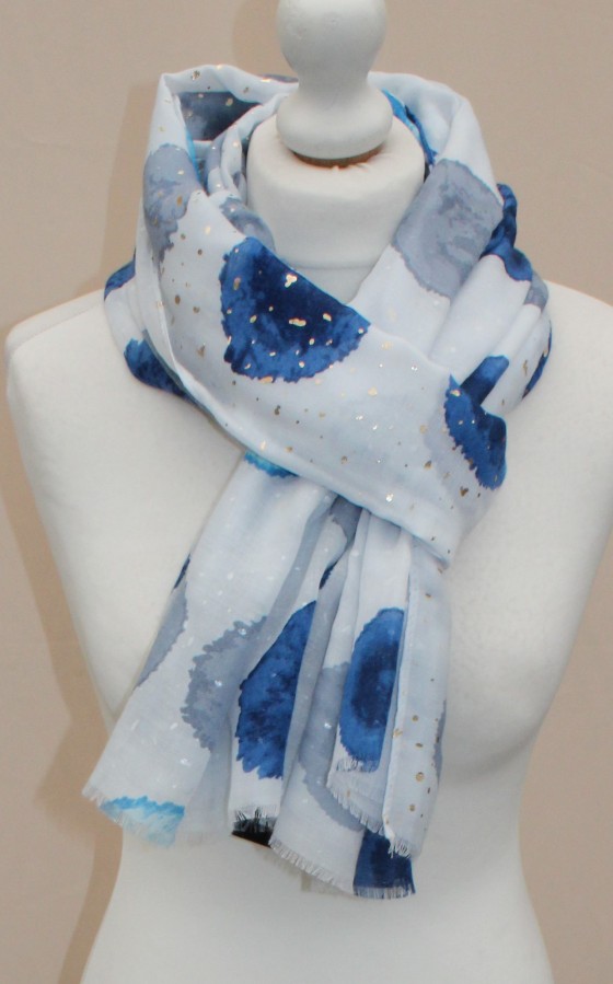 Plonas didelis baltas su mėlynais taškais šalikas s838