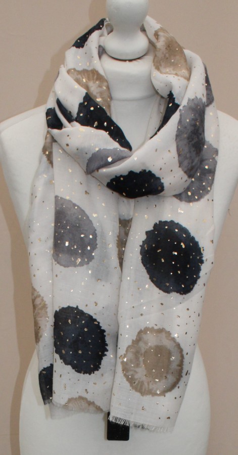 Plonas didelis baltas su rudais ir juodais taškais šalikas s842