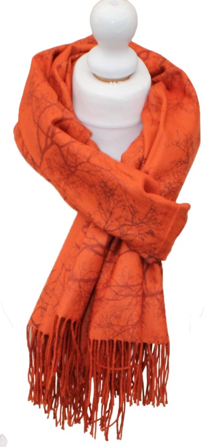 Vidutinio storumo šalikas su medžių ornamentu, raudonai rudas (S358)