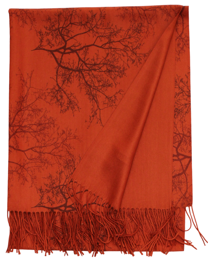 Vidutinio storumo šalikas su medžių ornamentu, raudonai rudas (S358)